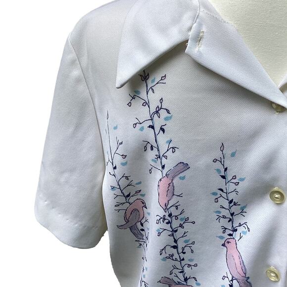 Vintage Women's Short-Sleeve Floral Birdcage Hawaiian Button Shirt White Medium - Picture 2 of 11